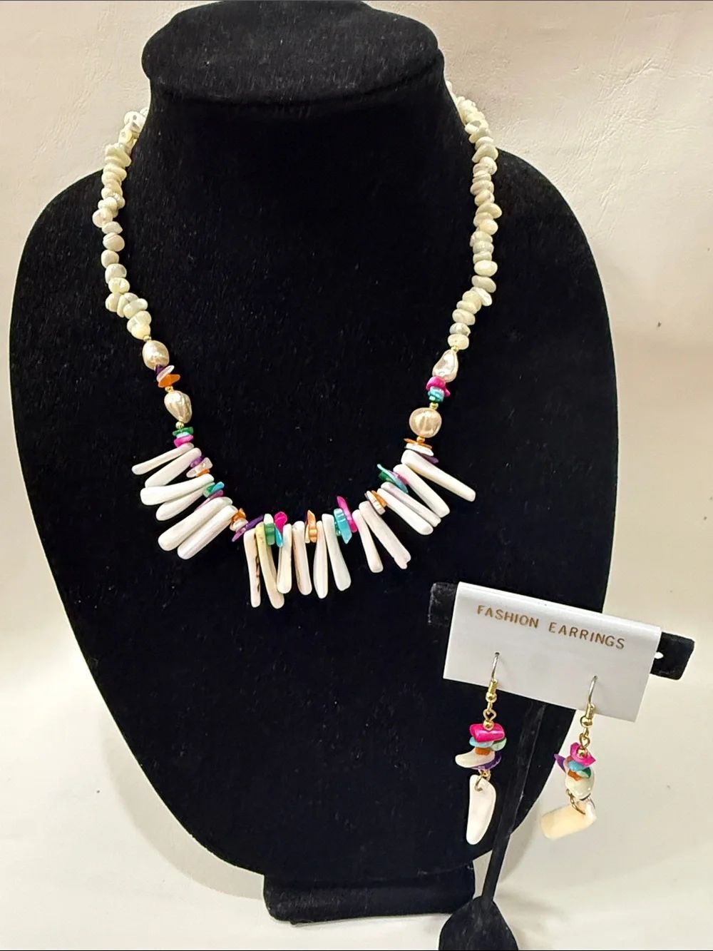 Handcrafted White Bead Shell Fringe Necklace Multicolor Accents Dangle Earrings